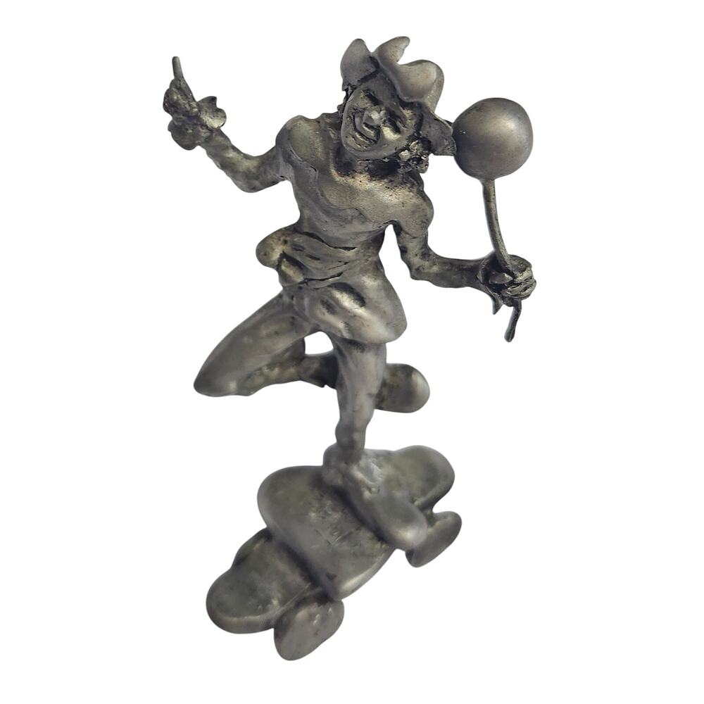 Vtg 1980s BZ Boobis Signed Pewter Merry Man Clown on Skateboard Figurine 5"